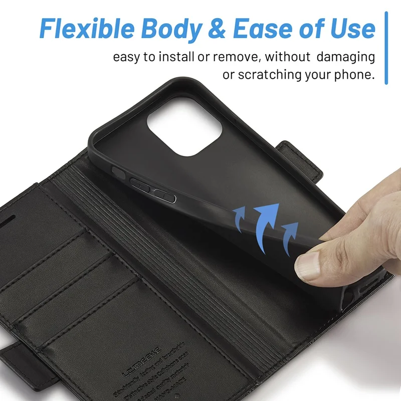 LC.IMEEKE Shockproof Full Protection PU Leather Card Slots Wallet Phone Shell with Stand for iPhone 13 Pro 6.7 inch - Black