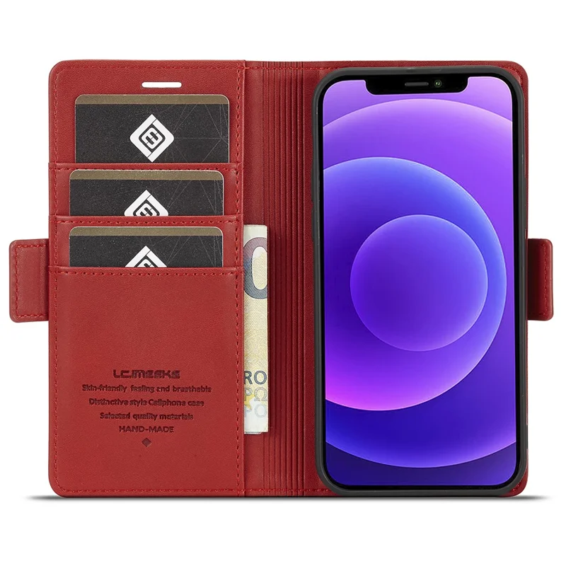 LC.IMEEKE Shockproof Full Protection PU Leather Card Slots Wallet Phone Shell with Stand for iPhone 13 Pro 6.7 inch - Red