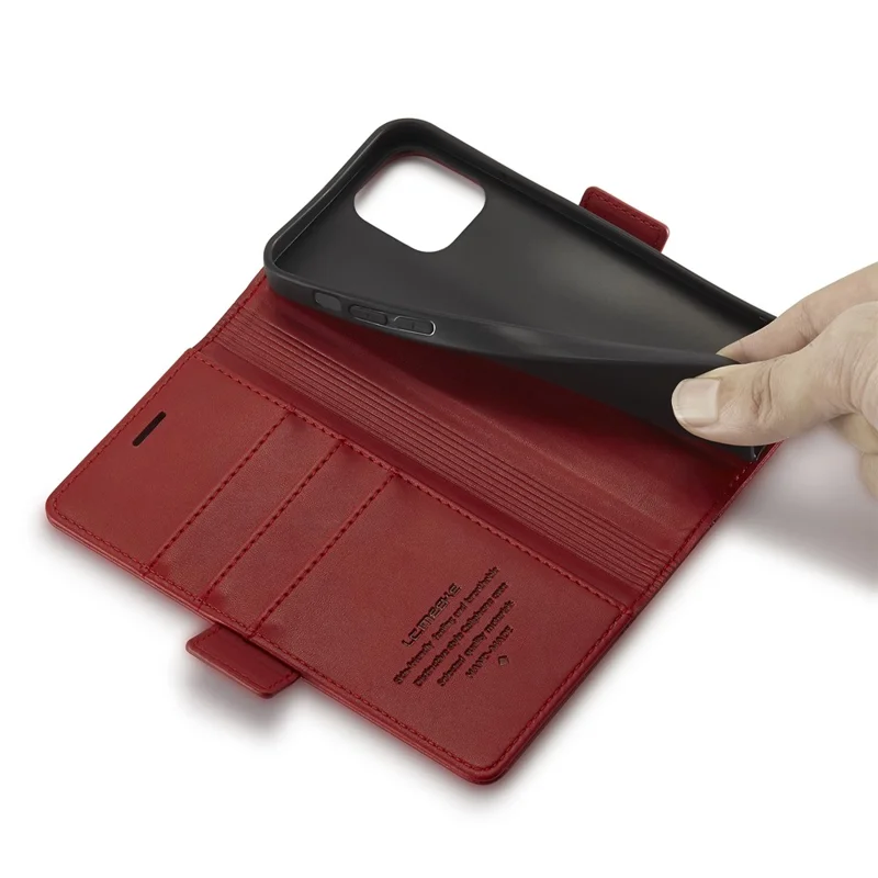 LC.IMEEKE Shockproof Full Protection PU Leather Card Slots Wallet Phone Shell with Stand for iPhone 13 Pro 6.7 inch - Red
