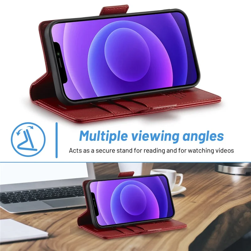 LC.IMEEKE Shockproof Full Protection PU Leather Card Slots Wallet Phone Shell with Stand for iPhone 13 Pro 6.7 inch - Red