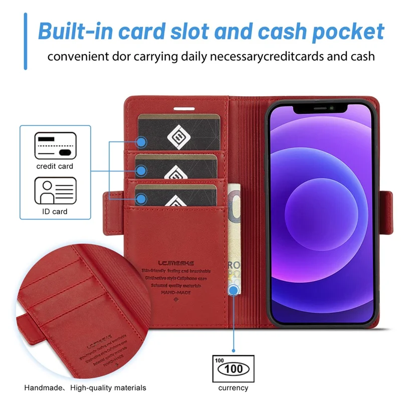 LC.IMEEKE Shockproof Full Protection PU Leather Card Slots Wallet Phone Shell with Stand for iPhone 13 Pro 6.7 inch - Red