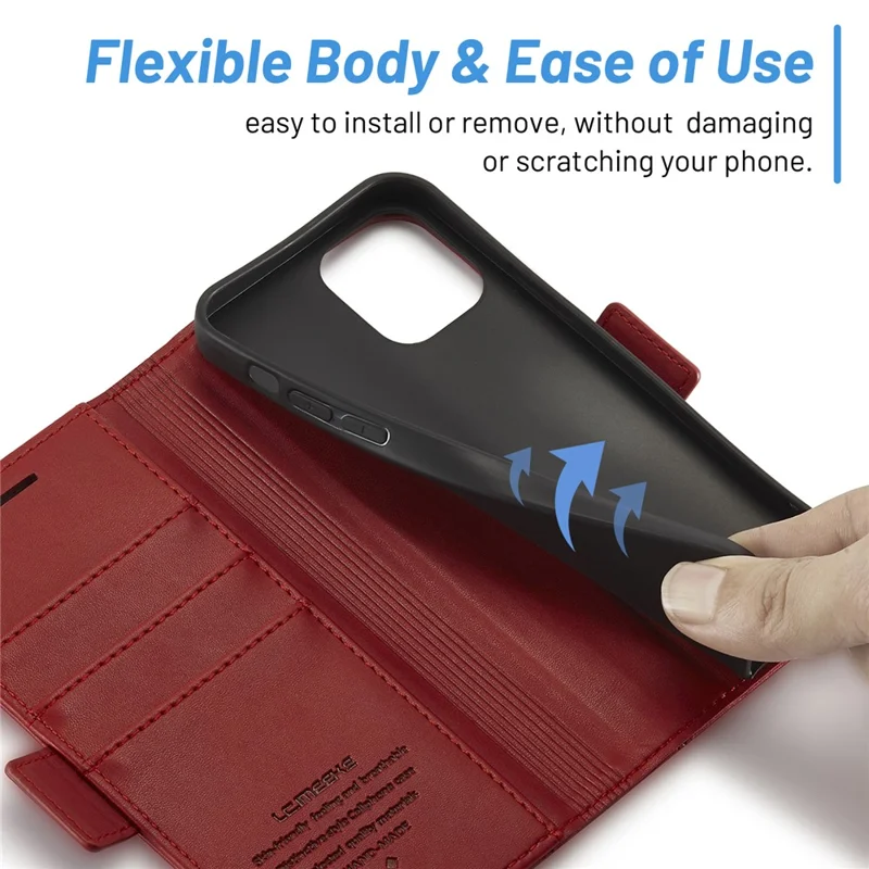 LC.IMEEKE Shockproof Full Protection PU Leather Card Slots Wallet Phone Shell with Stand for iPhone 13 Pro 6.7 inch - Red