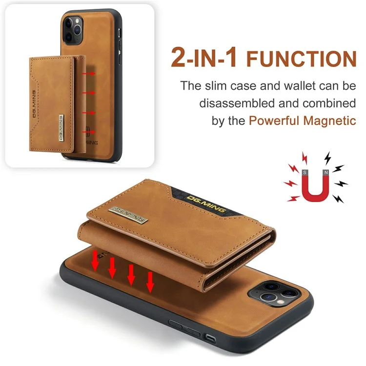 DG.MING M2 Series Détachable Portefeuille 2-en-1 Chargeur sans fil Tout-en-un Coque hybride pour iPhone 11 Pro Max 6,5 pouces - Marron