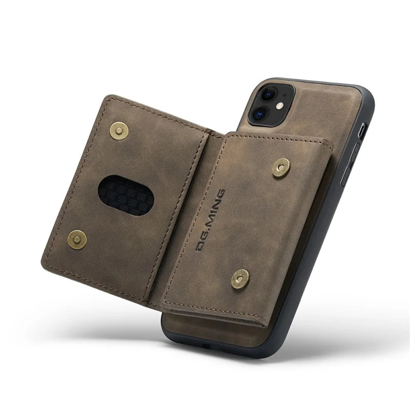 DG.MING M2 Series Detachable Wallet 2-in-1 Wireless Charging Hybrid Phone Cover Shell with Horizontal-Viewing Kickstand for iPhone 11 6.1 inch - Coffee