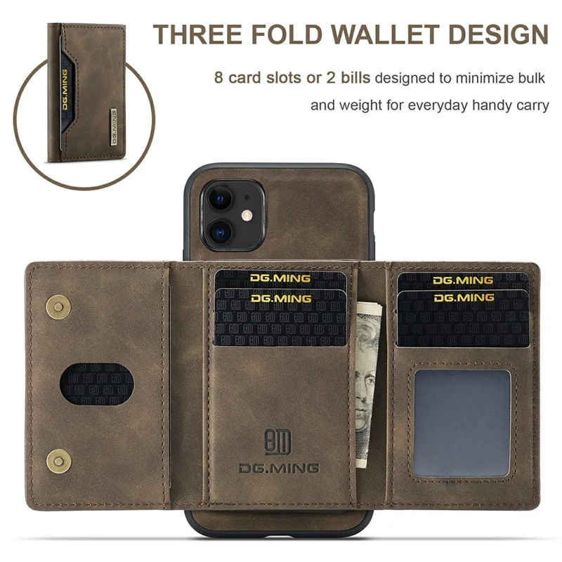 DG.MING M2 Series Detachable Wallet 2-in-1 Wireless Charging Hybrid Phone Cover Shell with Horizontal-Viewing Kickstand for iPhone 11 6.1 inch - Coffee