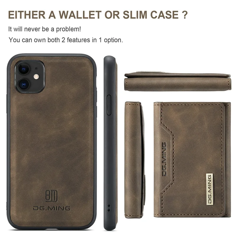 DG.MING M2 Series Detachable Wallet 2-in-1 Wireless Charging Hybrid Phone Cover Shell with Horizontal-Viewing Kickstand for iPhone 11 6.1 inch - Coffee