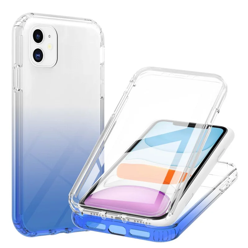 LA1 Series PC Bumper + TPU Back Panel + PET Film 3-in-1 Well-Protected Gradient Color Phone Shell Case for iPhone 11 6.1 inch - Blue