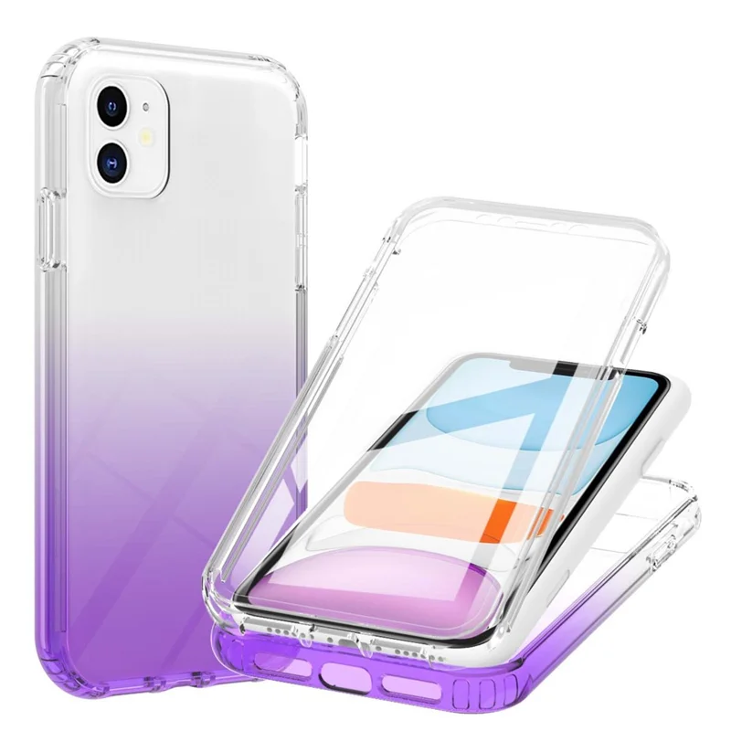 LA1 Series PC Bumper + TPU Back Panel + PET Film 3-in-1 Well-Protected Gradient Color Phone Shell Case for iPhone 11 6.1 inch - Purple