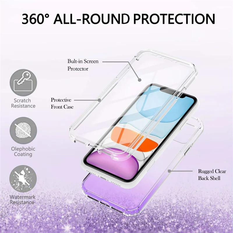 LA1 Series PC Bumper + TPU Back Panel + PET Film 3-in-1 Well-Protected Gradient Color Phone Shell Case for iPhone 11 6.1 inch - Purple