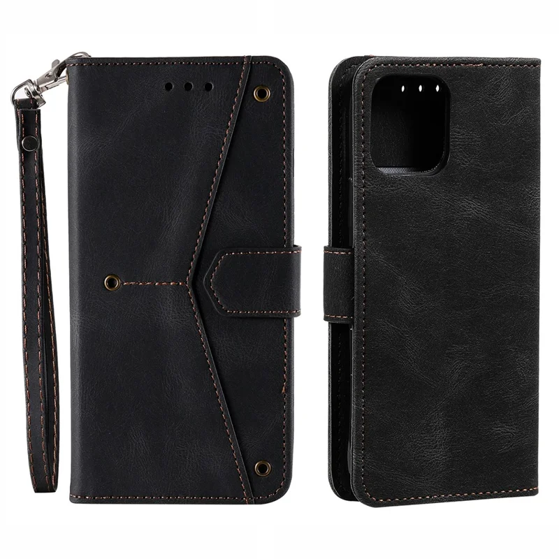 PU Leather Wallet Phone Case Rivet Decor Cover Stand Case Cover for iPhone 13 Pro 6.1 inch - Black