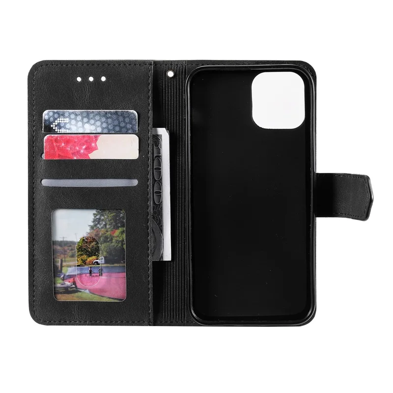 PU Leather Wallet Phone Case Rivet Decor Cover Stand Case Cover for iPhone 13 Pro 6.1 inch - Black