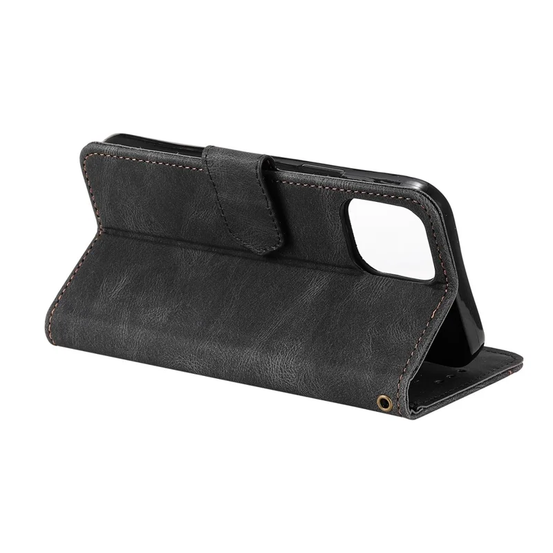 PU Leather Wallet Phone Case Rivet Decor Cover Stand Case Cover for iPhone 13 Pro 6.1 inch - Black
