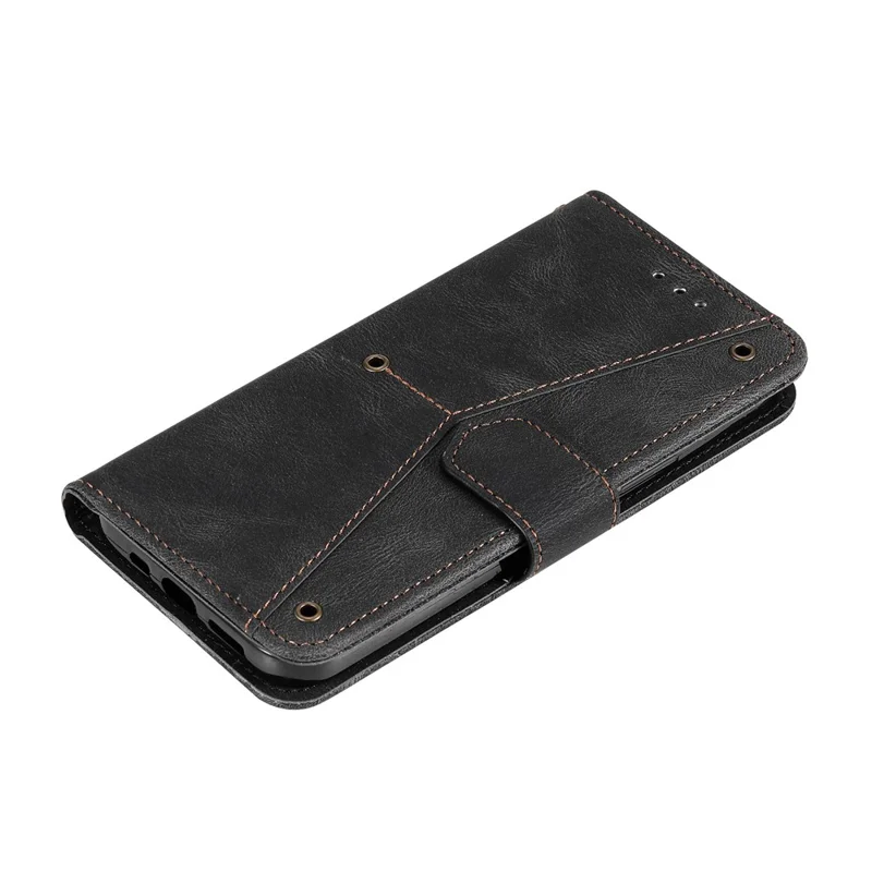 PU Leather Wallet Phone Case Rivet Decor Cover Stand Case Cover for iPhone 13 Pro 6.1 inch - Black