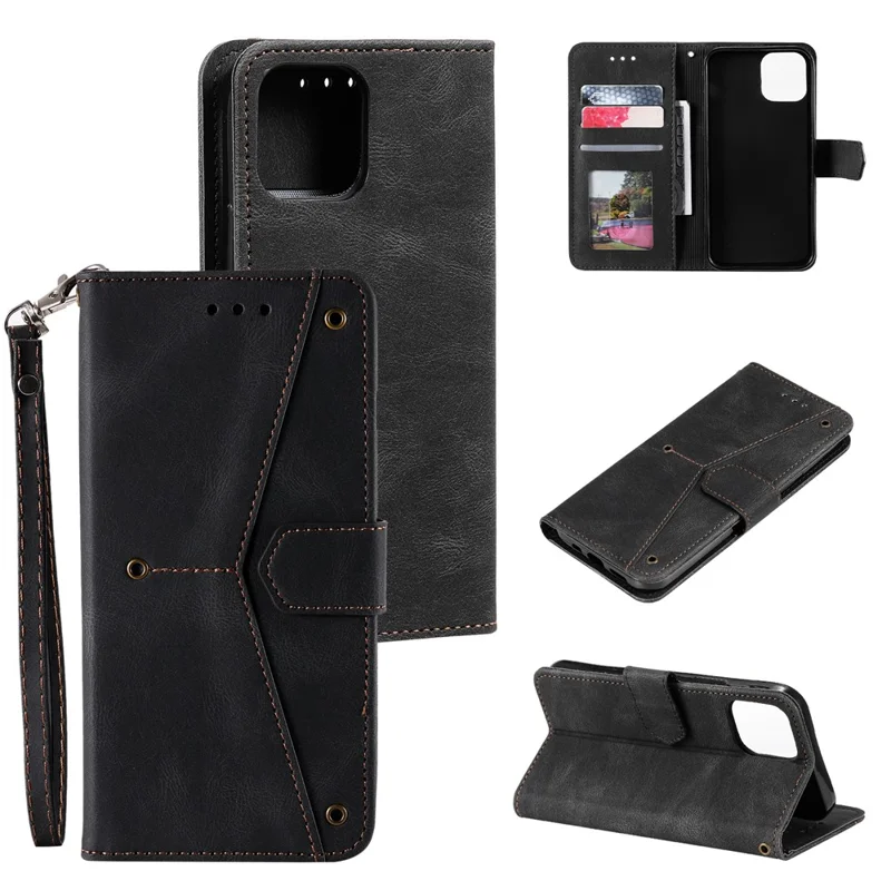 PU Leather Wallet Phone Case Rivet Decor Cover Stand Case Cover for iPhone 13 Pro 6.1 inch - Black