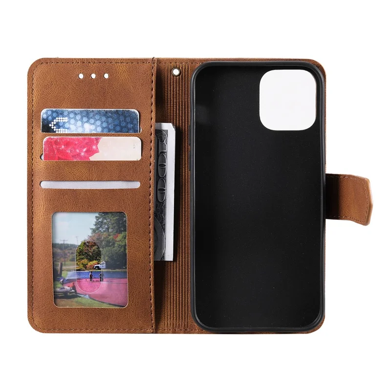 PU Leather Wallet Phone Case Rivet Decor Cover Stand Case Cover for 	iPhone 13 Pro Max 6.7 inch - Brown