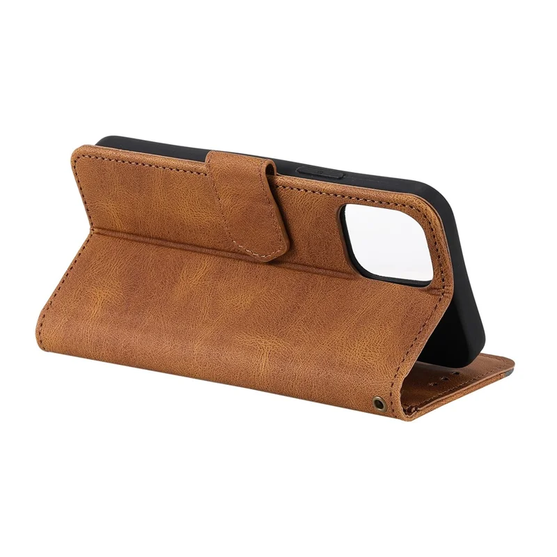PU Leather Wallet Phone Case Rivet Decor Cover Stand Case Cover for 	iPhone 13 Pro Max 6.7 inch - Brown