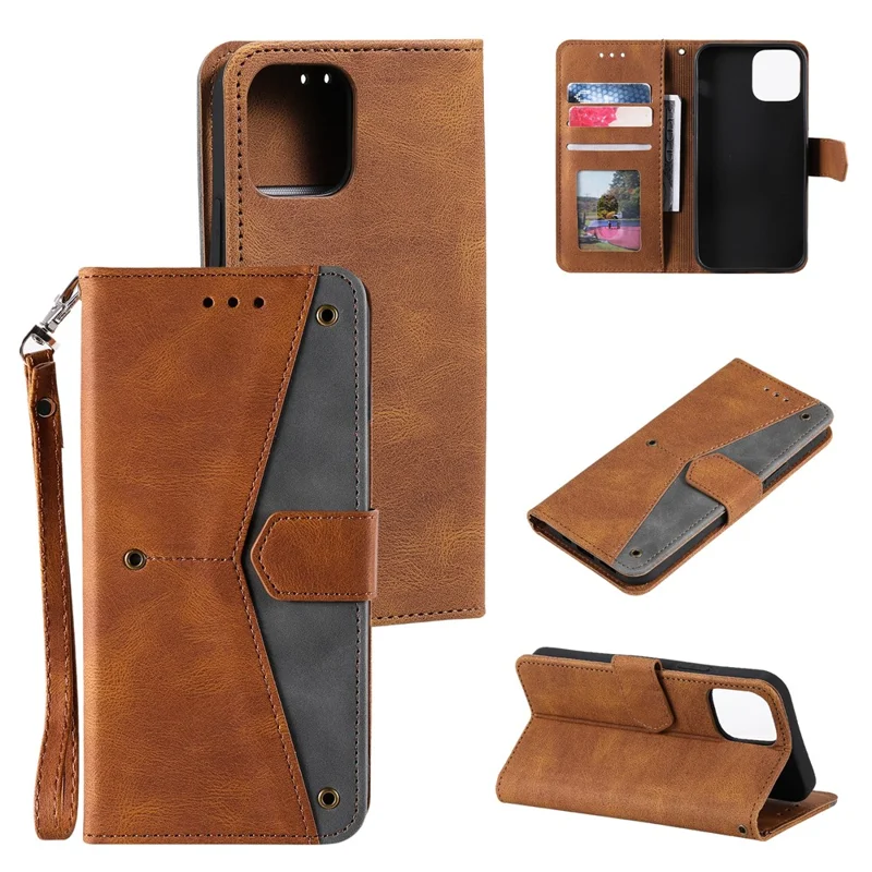 PU Leather Wallet Phone Case Rivet Decor Cover Stand Case Cover for 	iPhone 13 Pro Max 6.7 inch - Brown