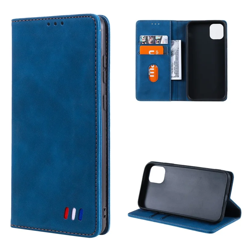 001 Series Auto-absorbed Skin-touch Feeling Leather Well-protected Wallet Phone Case for iPhone 13 6.1 inch - Blue