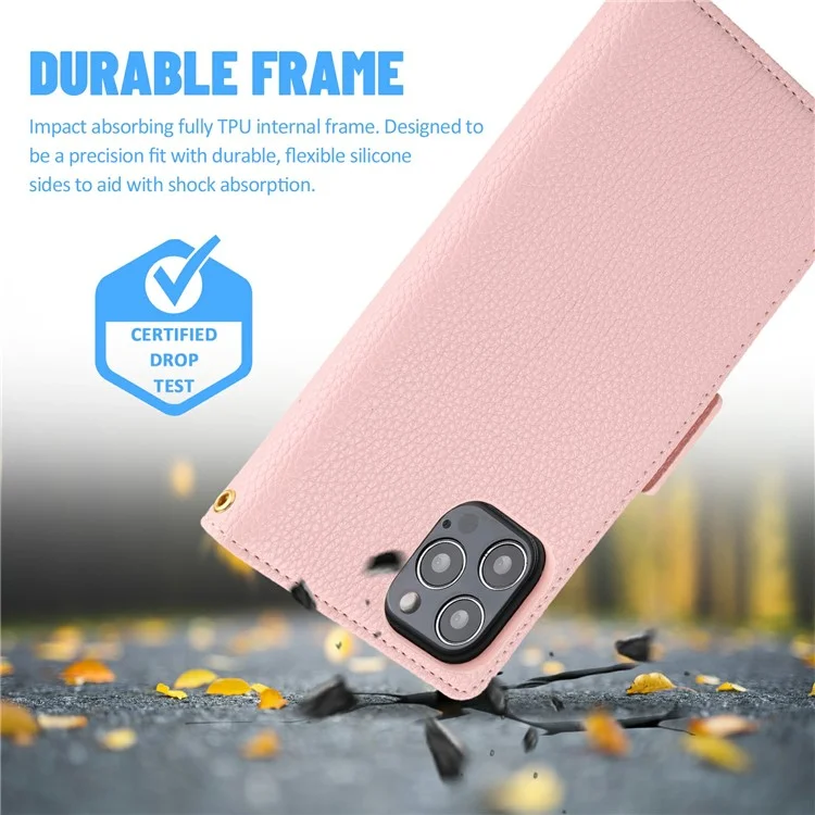 Scratch-resistant Litchi Texture Wallet Design Assorted Color Style Leather Phone Case for iPhone 13 Pro 6.1 inch - Pink