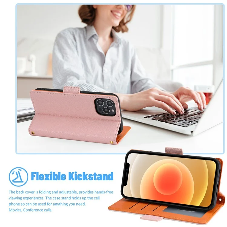 Scratch-resistant Litchi Texture Wallet Design Assorted Color Style Leather Phone Case for iPhone 13 Pro 6.1 inch - Pink