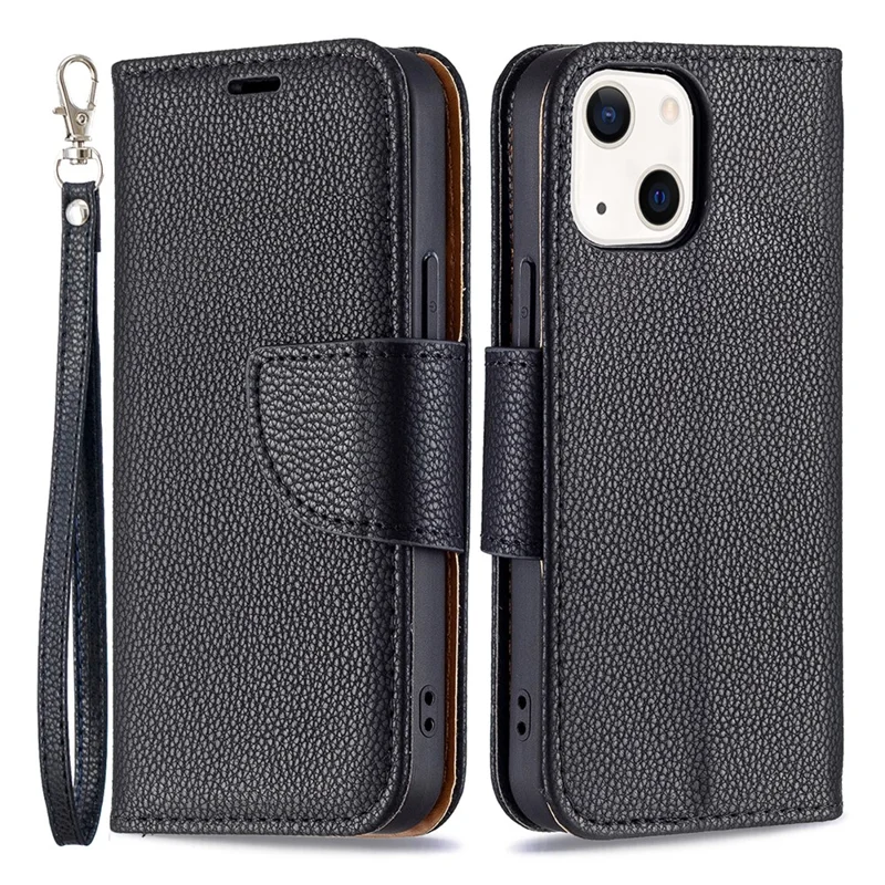 Full Protection PU Leather Cover Litchi Texture Phone Case with Wallet Stand Design for iPhone 13 mini 5.4 inch - Black