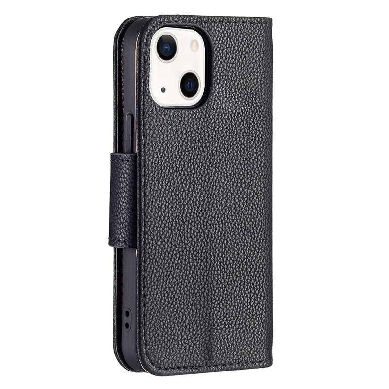 Full Protection PU Leather Cover Litchi Texture Phone Case with Wallet Stand Design for iPhone 13 mini 5.4 inch - Black