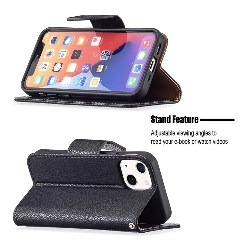 Full Protection PU Leather Cover Litchi Texture Phone Case with Wallet Stand Design for iPhone 13 mini 5.4 inch - Black