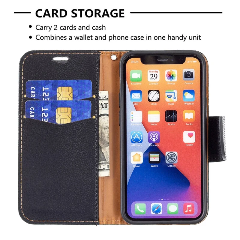 Full Protection PU Leather Cover Litchi Texture Phone Case with Wallet Stand Design for iPhone 13 mini 5.4 inch - Black