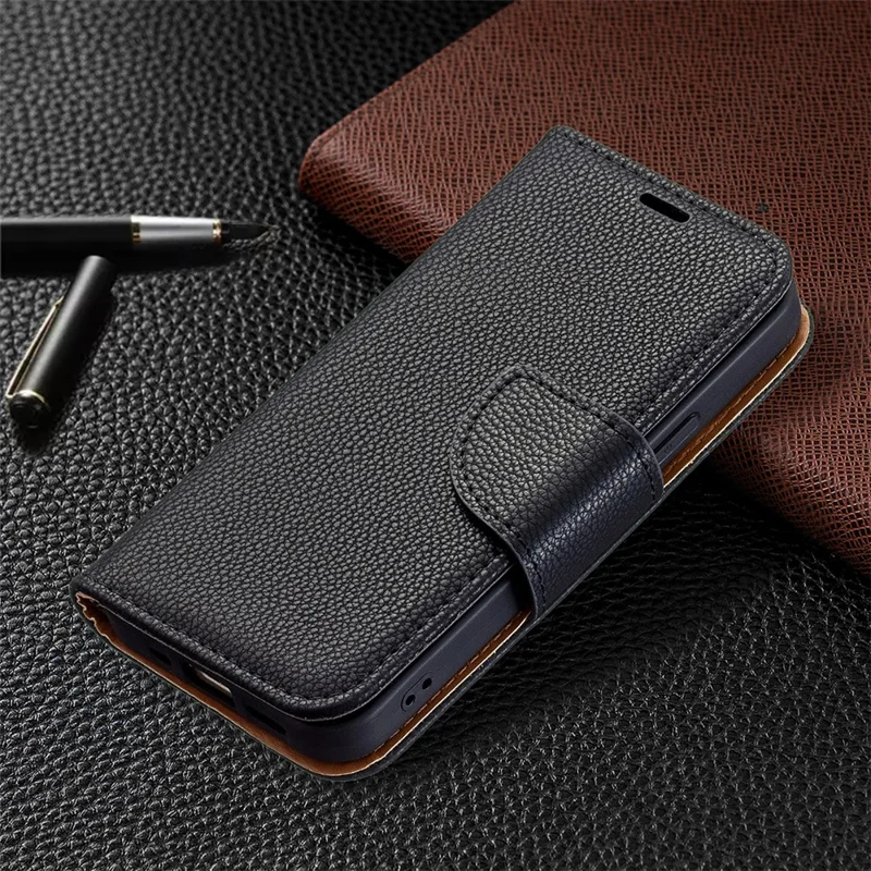 Full Protection PU Leather Cover Litchi Texture Phone Case with Wallet Stand Design for iPhone 13 mini 5.4 inch - Black