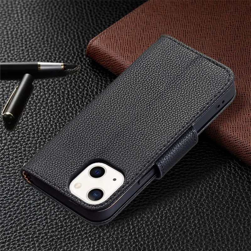 Full Protection PU Leather Cover Litchi Texture Phone Case with Wallet Stand Design for iPhone 13 mini 5.4 inch - Black
