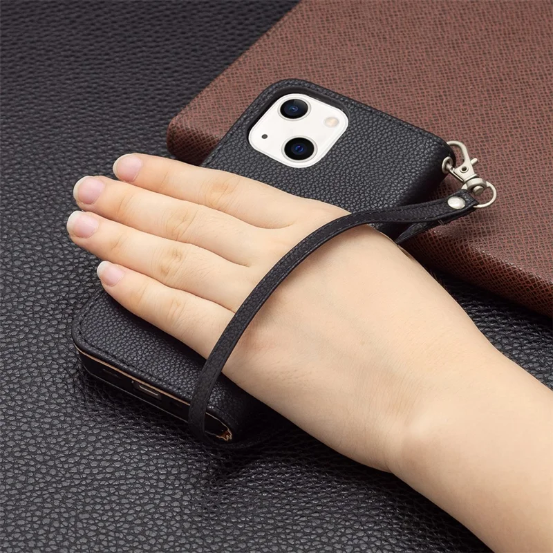 Full Protection PU Leather Cover Litchi Texture Phone Case with Wallet Stand Design for iPhone 13 mini 5.4 inch - Black