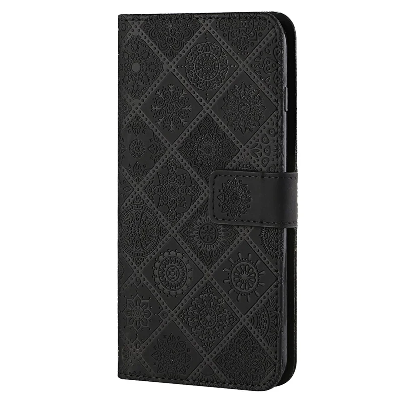 Ethnic Style Imprinted Flower Wrist Strap Magnetic Clasp Protective Wallet Leather Case with Stand and for iPhone 13 6.1 inch - Black