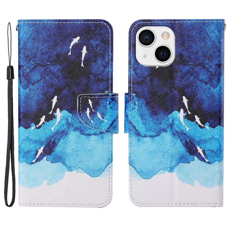 All-round Protective Pattern Printing Leather Phone Stand Shell with Strap for iPhone 13 6.1 inch - White Whale and Sea