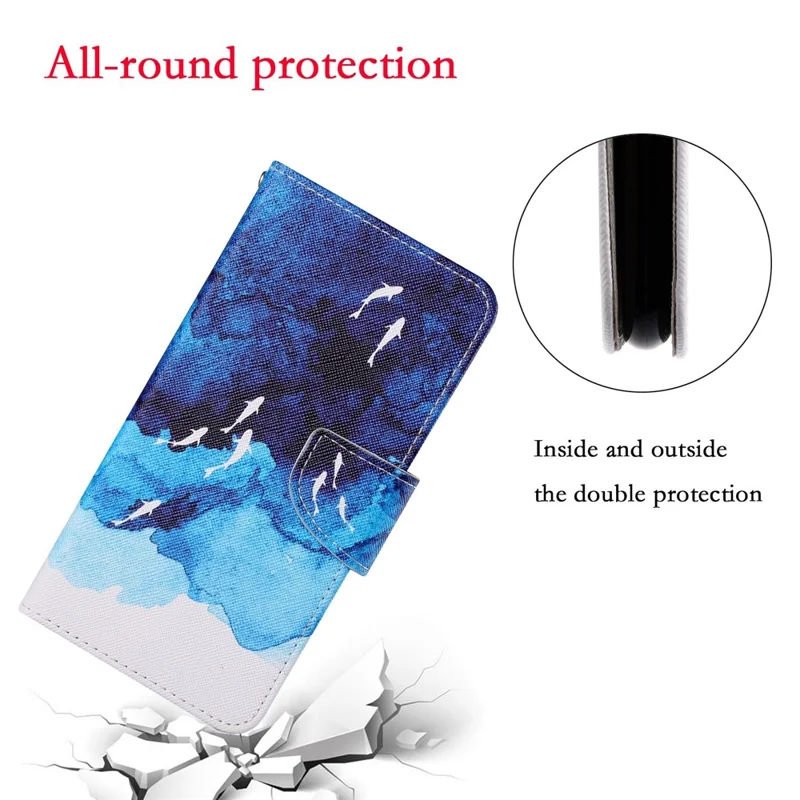 All-round Protective Pattern Printing Leather Phone Stand Shell with Strap for iPhone 13 6.1 inch - White Whale and Sea