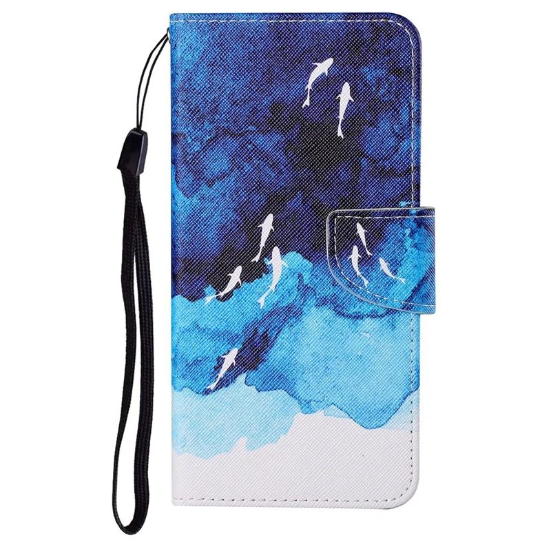 All-round Protective Pattern Printing Leather Phone Stand Shell with Strap for iPhone 13 6.1 inch - White Whale and Sea