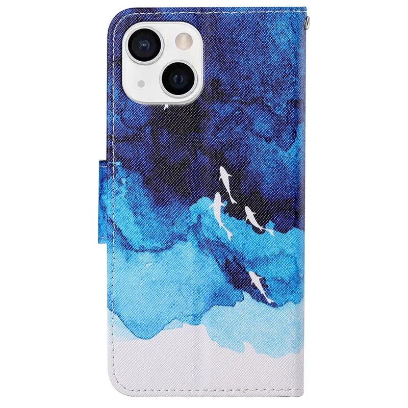 All-round Protective Pattern Printing Leather Phone Stand Shell with Strap for iPhone 13 6.1 inch - White Whale and Sea