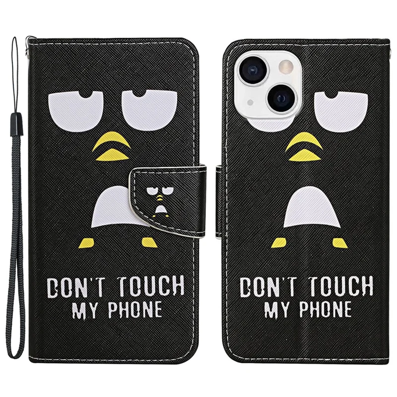 Pattern Printing Wallet Stand Design PU Leather Phone Case Shell with Wrist Strap for iPhone 13 6.1 inch - Don't Touch My Phone