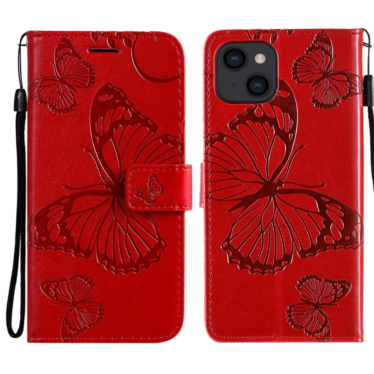 KT Imprinting Flower Series-2 Full Protective Butterfly Pattern Imprinting Leather Cell Phone Shell with Strap for iPhone 13 6.1 inch - Red