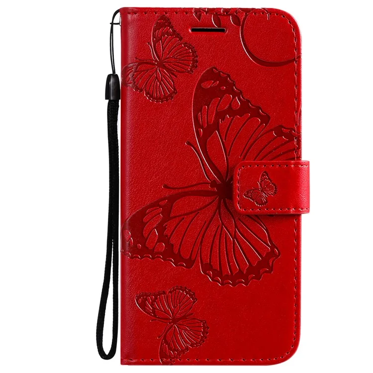 KT Imprinting Flower Series-2 Full Protective Butterfly Pattern Imprinting Leather Cell Phone Shell with Strap for iPhone 13 6.1 inch - Red