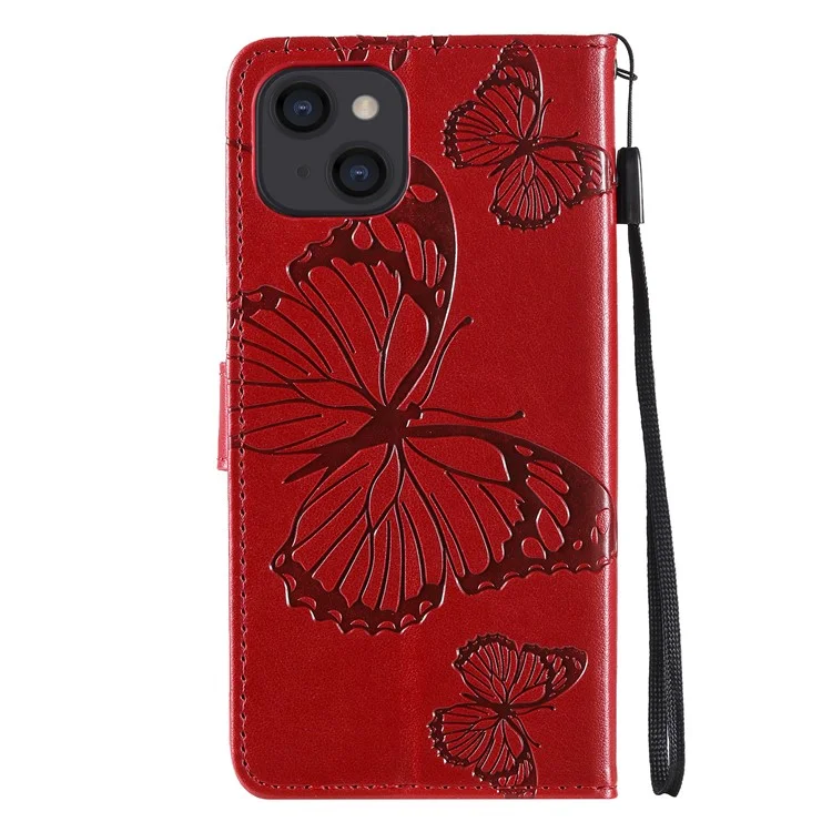 KT Impression de Fleurs Impression de Flower 2 Motif de Papillon de Protection Complet Impression de la Coquille de Téléphone Portable en Cuir Avec Sangle Pour Iphone 13 6,1 Pouces - Rouge