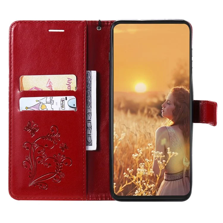 KT Imprinting Flower Series-2 Full Protective Butterfly Pattern Imprinting Leather Cell Phone Shell with Strap for iPhone 13 6.1 inch - Red