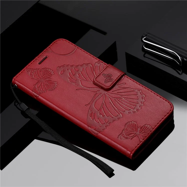 KT Imprinting Flower Series-2 Full Protective Butterfly Pattern Imprinting Leather Cell Phone Shell with Strap for iPhone 13 6.1 inch - Red