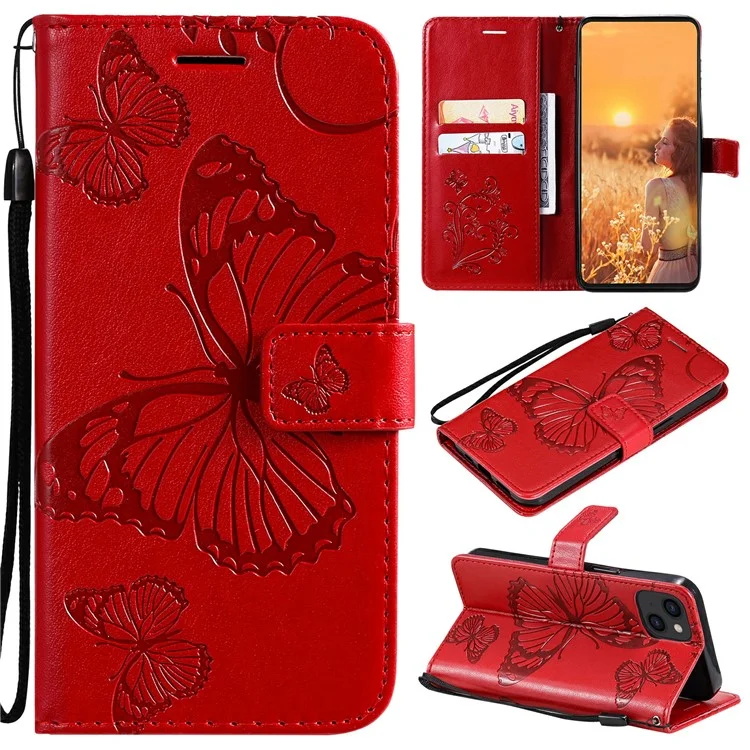 KT Imprinting Flower Series-2 Full Protective Butterfly Pattern Imprinting Leather Cell Phone Shell with Strap for iPhone 13 6.1 inch - Red