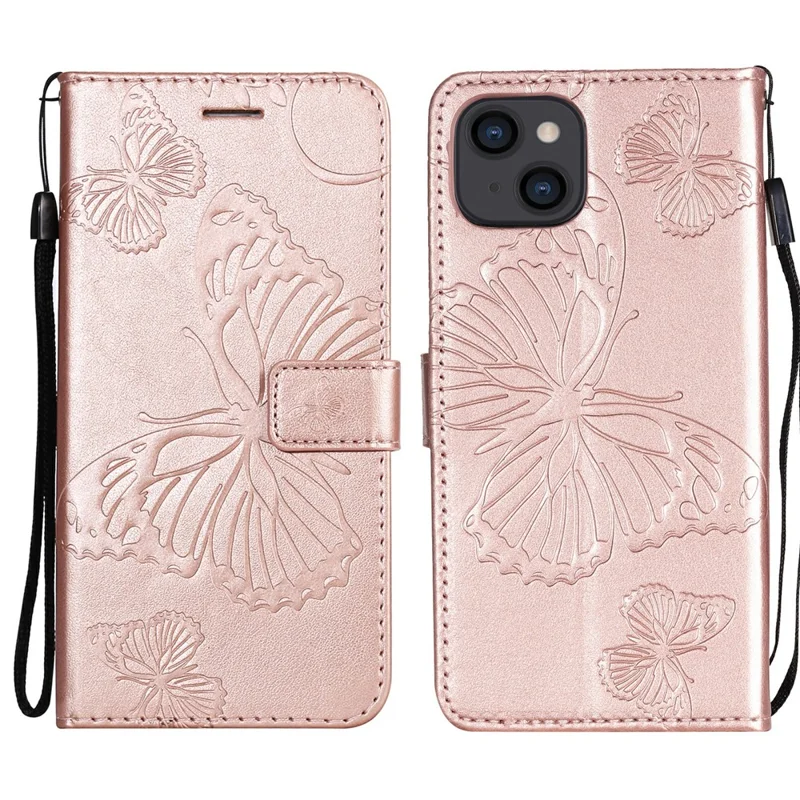 Capa de Telemóvel com Carteira para iPhone 13 com Impressão de Borboleta Floral em Pele - Dourado Rosa