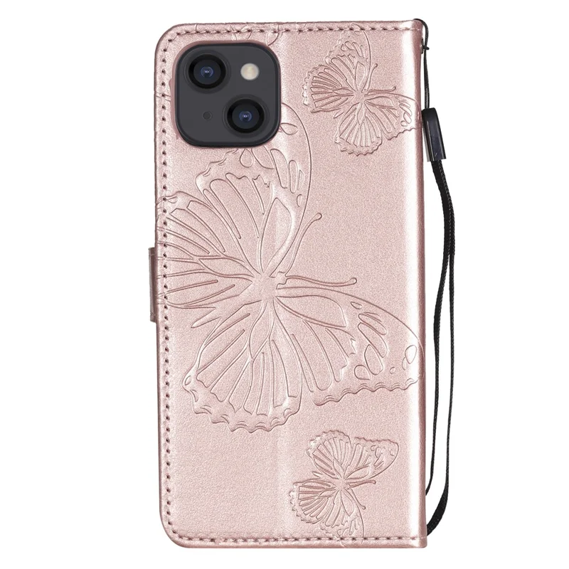 Capa de Telemóvel com Carteira para iPhone 13 com Impressão de Borboleta Floral em Pele - Dourado Rosa