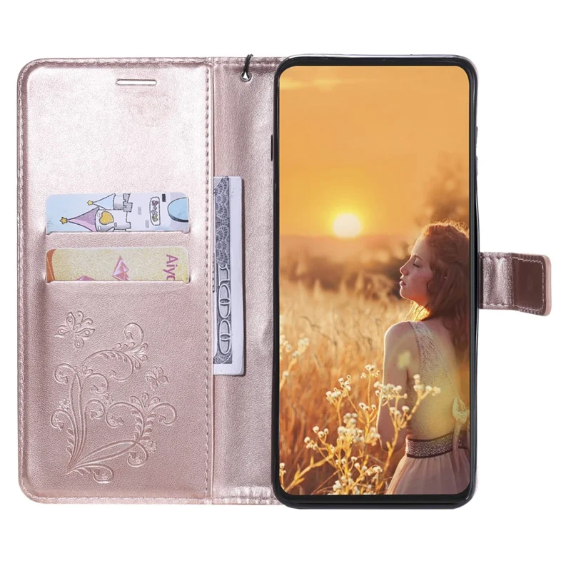 Capa de Telemóvel com Carteira para iPhone 13 com Impressão de Borboleta Floral em Pele - Dourado Rosa