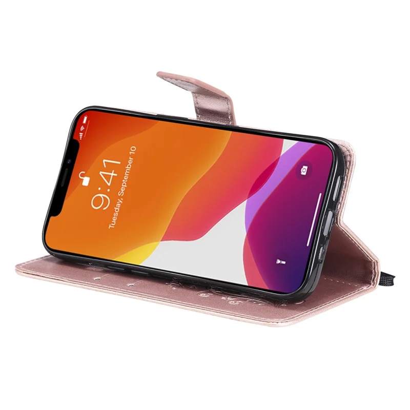 Capa de Telemóvel com Carteira para iPhone 13 com Impressão de Borboleta Floral em Pele - Dourado Rosa