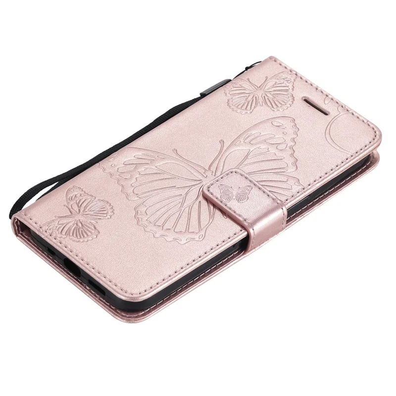 Capa de Telemóvel com Carteira para iPhone 13 com Impressão de Borboleta Floral em Pele - Dourado Rosa