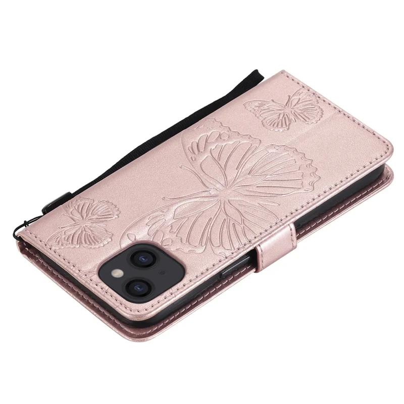 Capa de Telemóvel com Carteira para iPhone 13 com Impressão de Borboleta Floral em Pele - Dourado Rosa