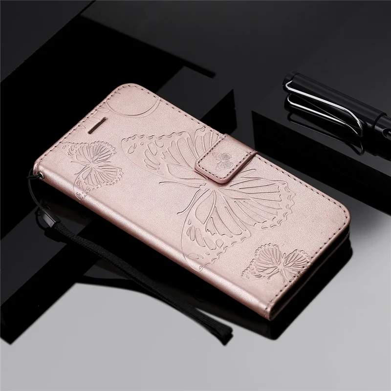 Capa de Telemóvel com Carteira para iPhone 13 com Impressão de Borboleta Floral em Pele - Dourado Rosa